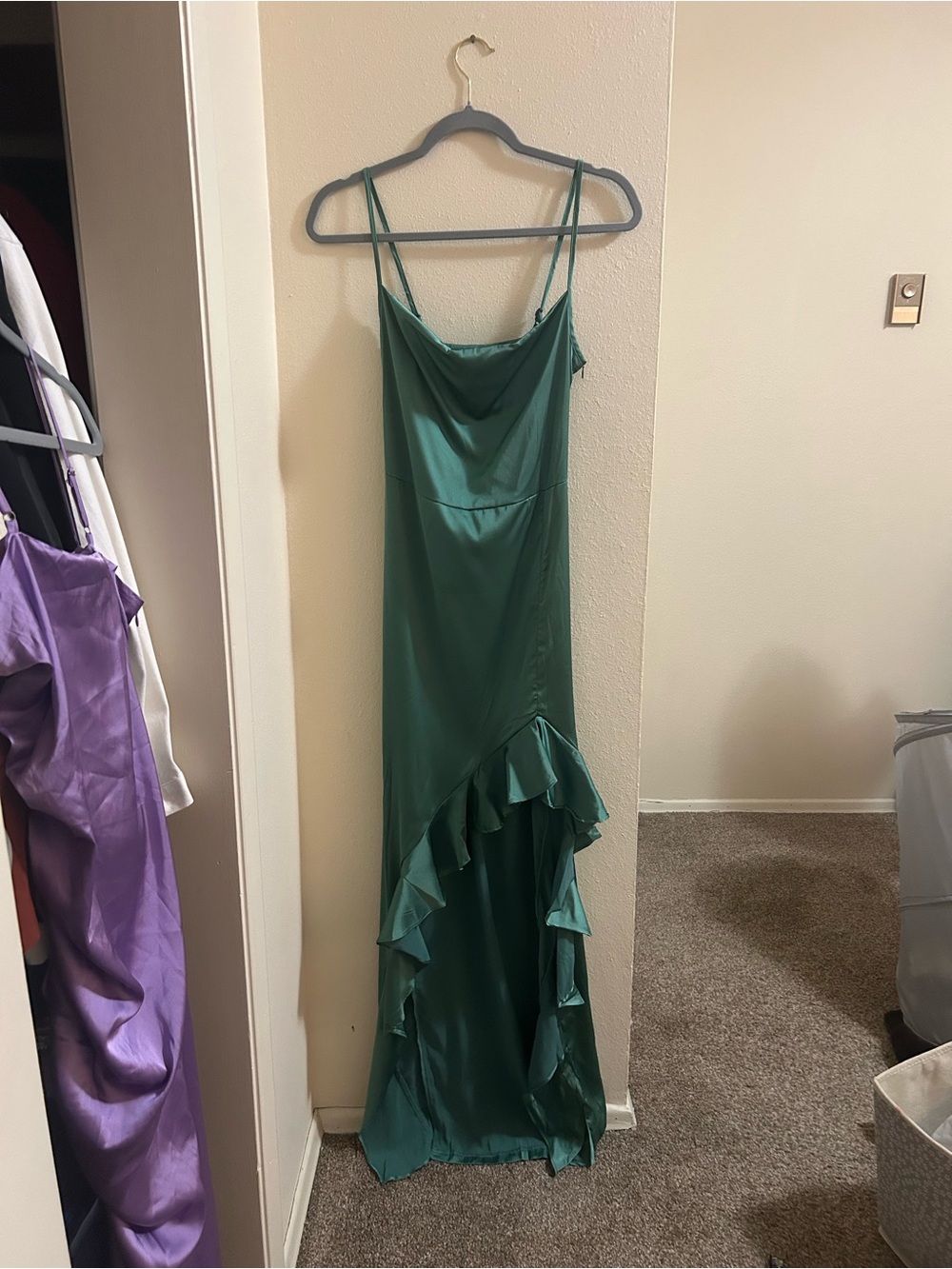 Green Satin Ruffle Slip Dress - Elegant Women's Evening Dress